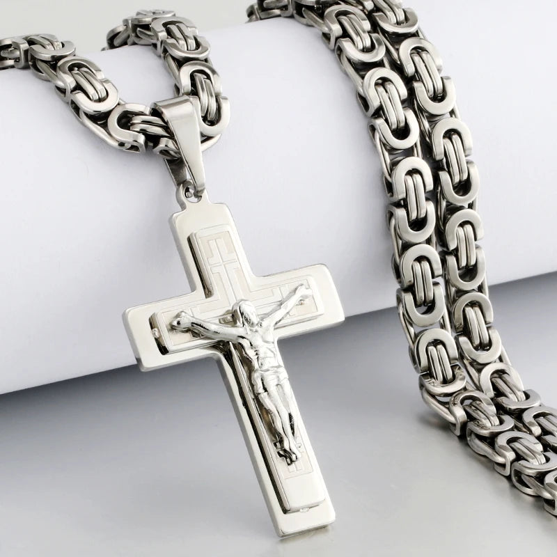 Religious Men Stainless Steel Crucifix Cross Pendant Necklace Heavy Byzantine Chain Necklaces Jesus Christ Holy Jewelry Gifts