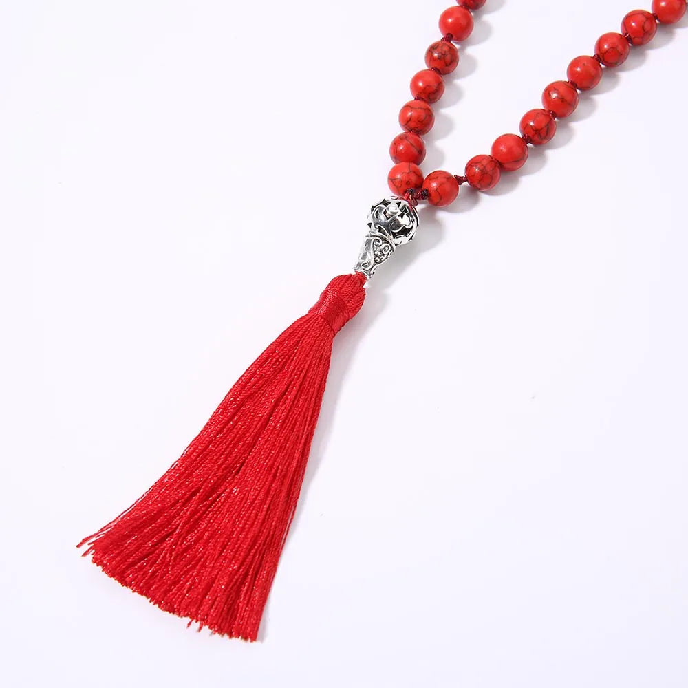 8mm Red Turquoise Knotted 108 Mala Beaded Necklace Meditation Yoga Blessing  Jewelry for Men and Women