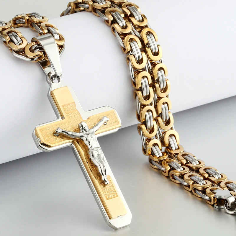 Religious Men Stainless Steel Crucifix Cross Pendant Necklace Heavy Byzantine Chain Necklaces Jesus Christ Holy Jewelry Gifts