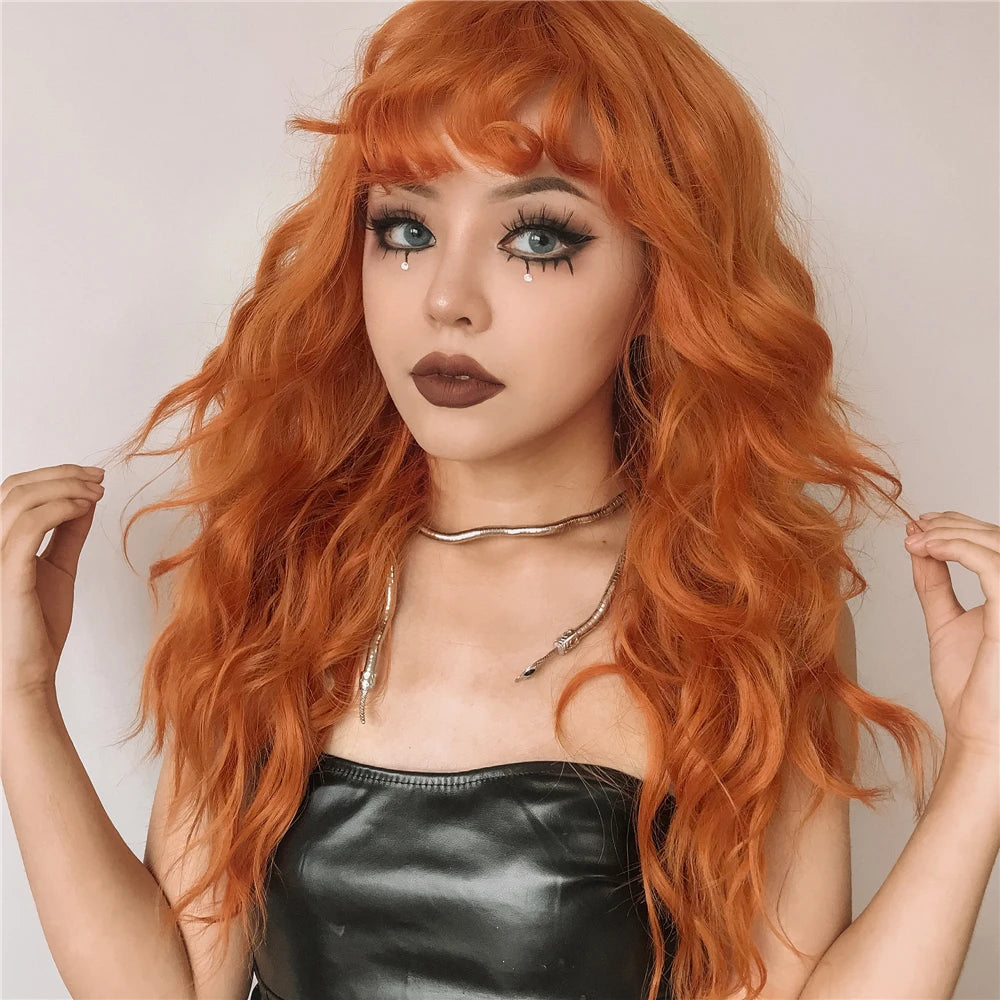 Cosplay Ginger Orange Long Curly Synthetic Wigs with Bangs Deep Wave Lolita Hair for Women Halloween Party Daily Heat Resistant