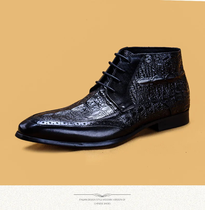 Men Genuine Cow Leather Crocodile Winter Texture Ankle Chelsea Boots Brogue Flat Lace Up Dress Shoes 2020