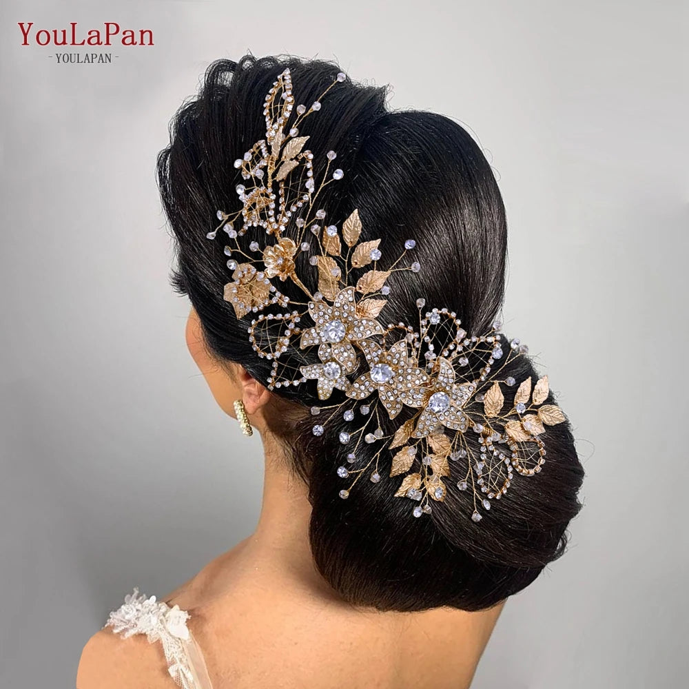 YouLaPan HP282 Wedding Headband Alloy Flower Leaf Hair Tiara Rhinestone Headpiece Bridal Headwear Hair Accessories Head Jewelry