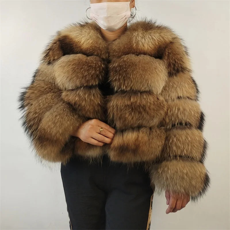 BEIZIRU Real Raccoon Fur Coat Women Winter Long Sleeve Natural Luxury Jackets  Thick  Top