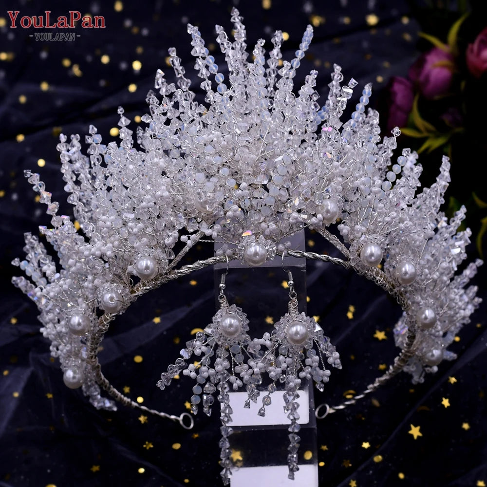 KIMLUD, YouLaPan Trendy Bridal Hair Hoop Colorful Rhinestone Wedding Crown Handmade Bride Tiara Hair Accessories Woman Headband HP193P-C, 399-crown earring, KIMLUD APPAREL - Womens Clothes