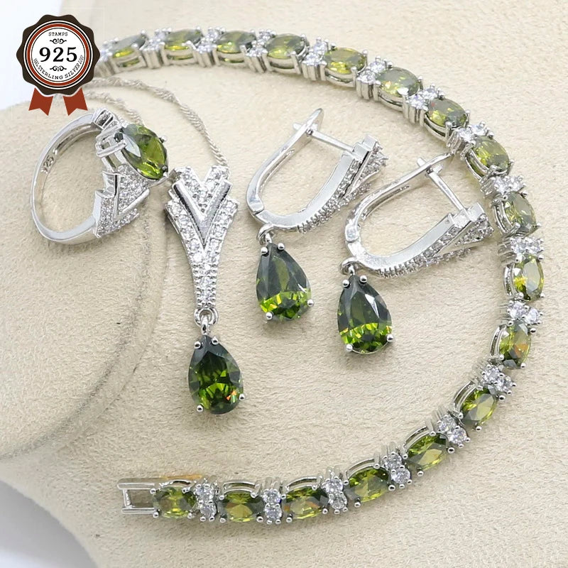 New Peridot Green Silver 925 Jewelry Set for Women with Bracelet Earrings Necklace Pendant Ring Birthday Gift - KIMLUD