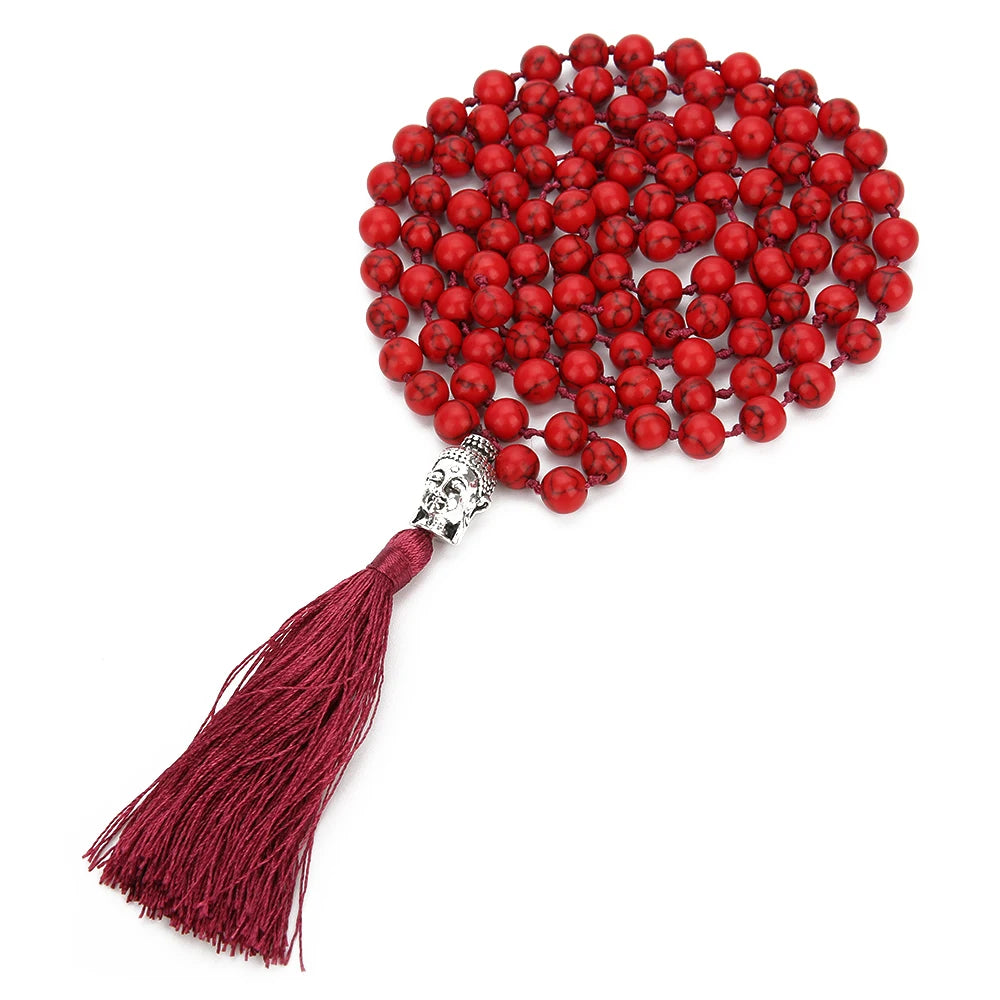 8mm Red Turquoise Knotted 108 Mala Beaded Necklace Meditation Yoga Blessing  Jewelry for Men and Women