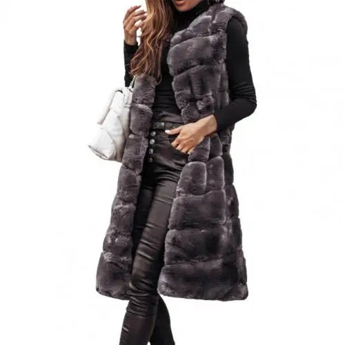 Autumn Winter Women Jacket Vest Solid Color Round Neck Faux Fur Coat Thick Crew Neck Outerwear Plush Jacket for Women