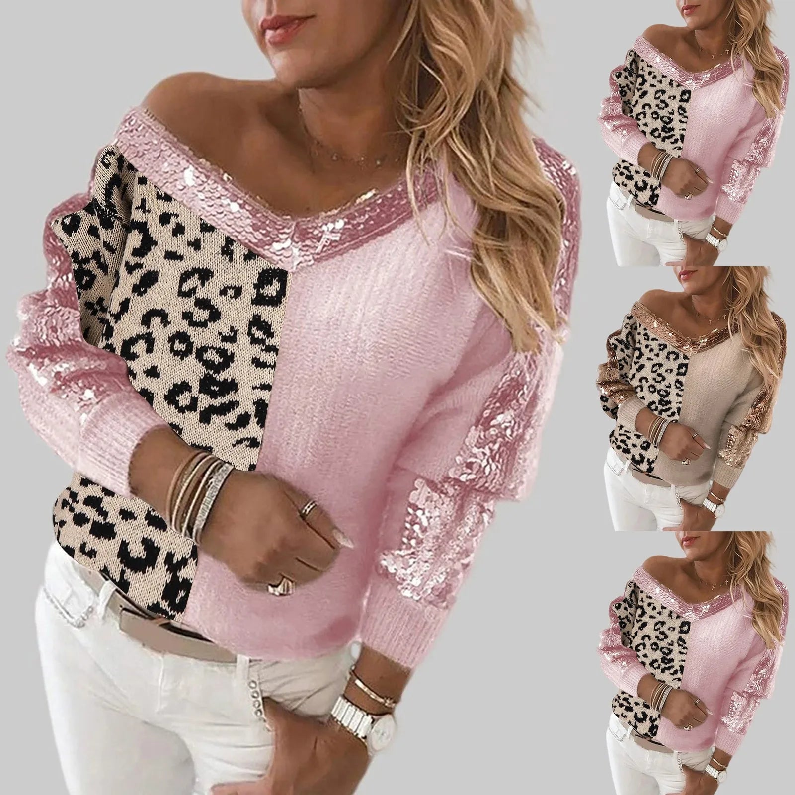 Women Sweater Stitching Leopard Print Sequin Blouse V Neck Temperament Pullover Long Sleeved Female Casual Elegant Pullover - KIMLUD