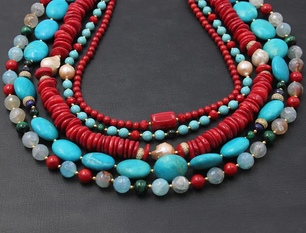 GG 5 Rows Freshwater Keshi Pearl Howlite Rondelle Tiger eye Red Coral Lapis Crystal Statement Necklace Handmade For Women - KIMLUD