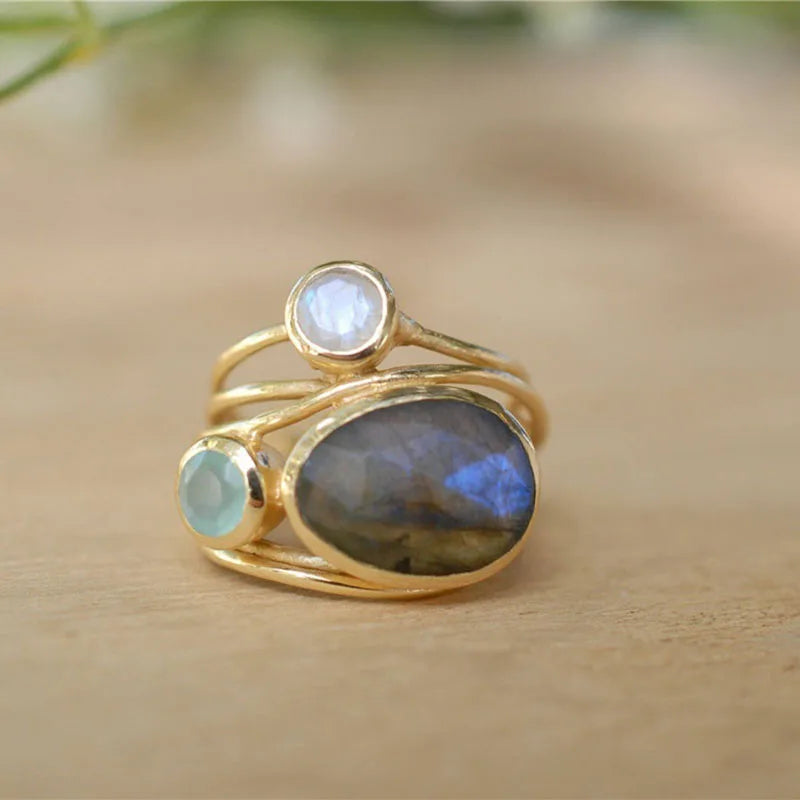 KIMLUD, Delicate Multi-layers Cross Moonstone Rings for Women Boho Gold Color Round Opal Resin Simulated Shell Rings, KIMLUD Womens Clothes