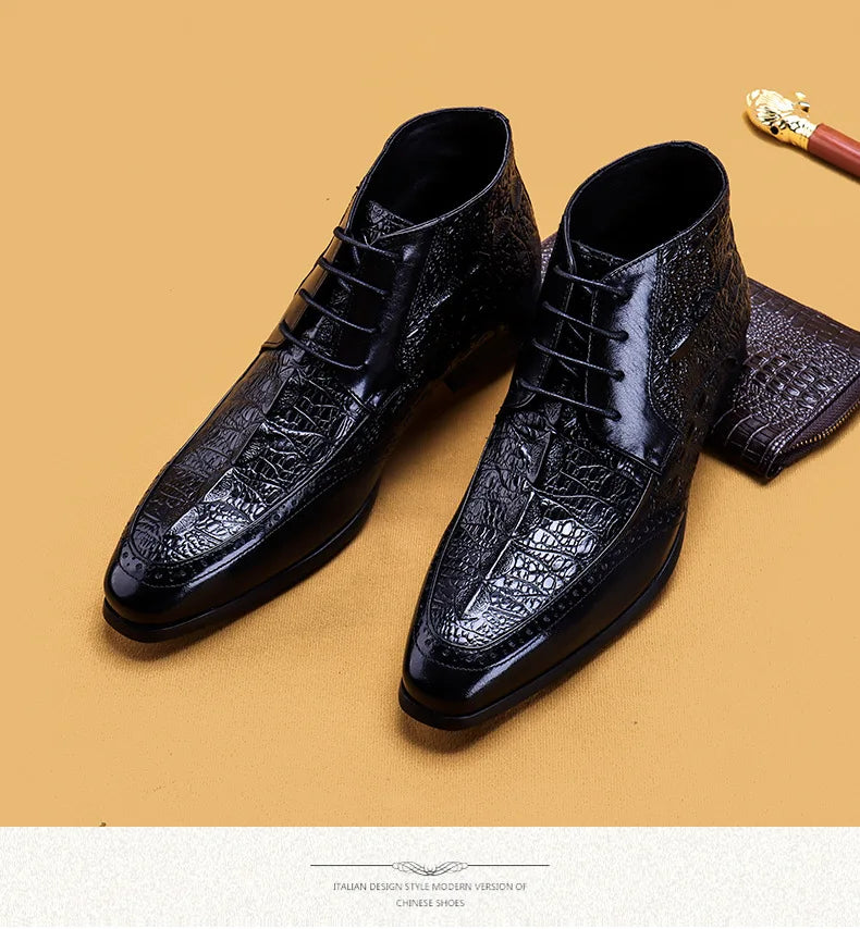 Men Genuine Cow Leather Crocodile Winter Texture Ankle Chelsea Boots Brogue Flat Lace Up Dress Shoes 2020