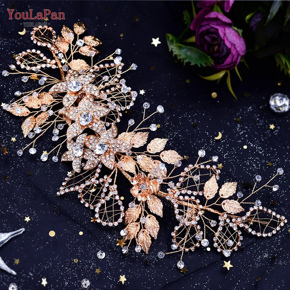 YouLaPan HP282 Wedding Headband Alloy Flower Leaf Hair Tiara Rhinestone Headpiece Bridal Headwear Hair Accessories Head Jewelry