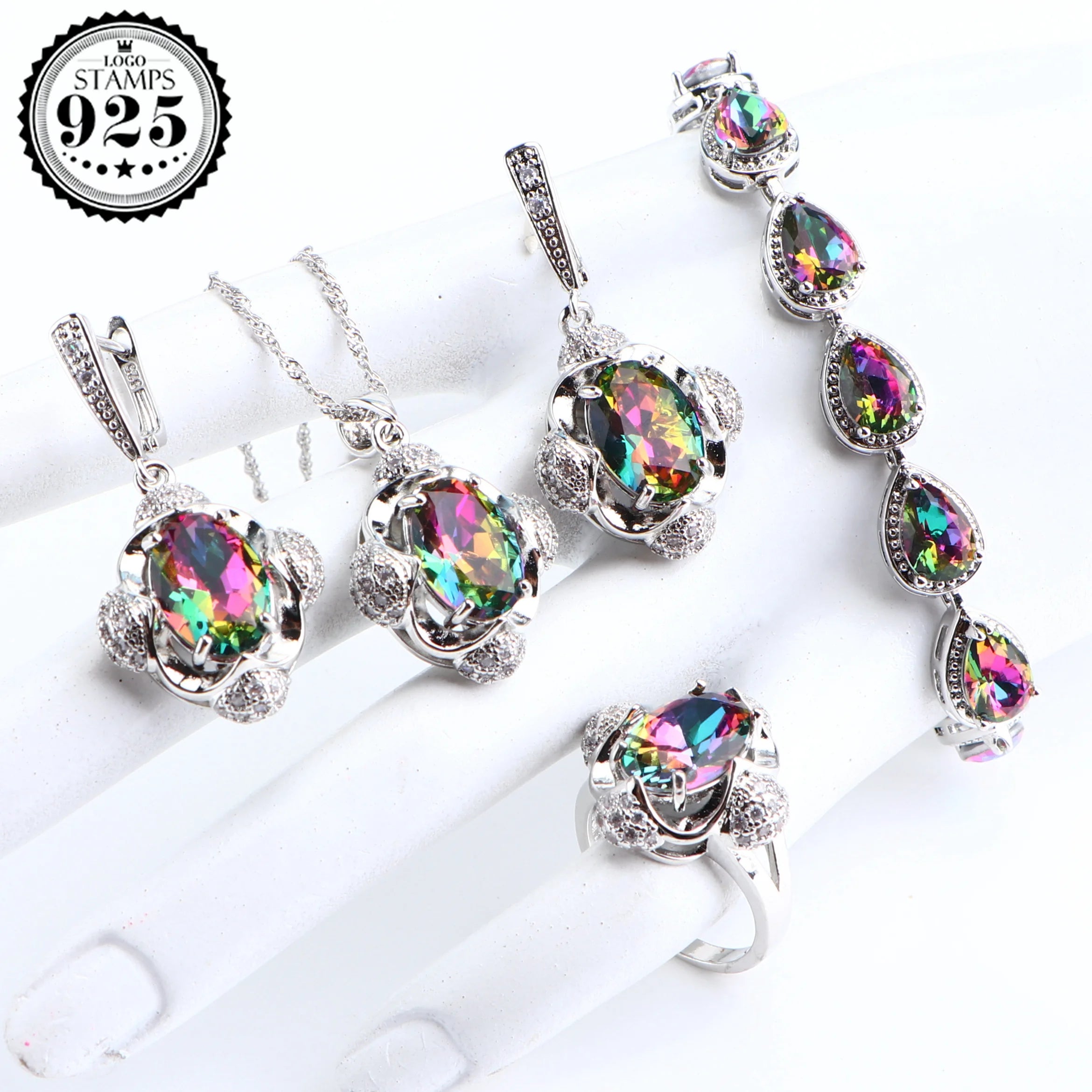 925 Silver Bridal Jewelry Sets For Women Magic Rainbow Wedding Jewelry Necklace Pendant Ring Earrings Bracelets Set Gifts Box - KIMLUD