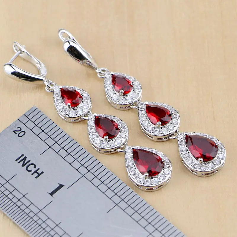 Water Drop Silver 925 Jewelry Red Ruby White Topaz Jewelry Sets Women Long Earrings/Pendant/Necklace/Rings/Bracelet Dropshipping - KIMLUD