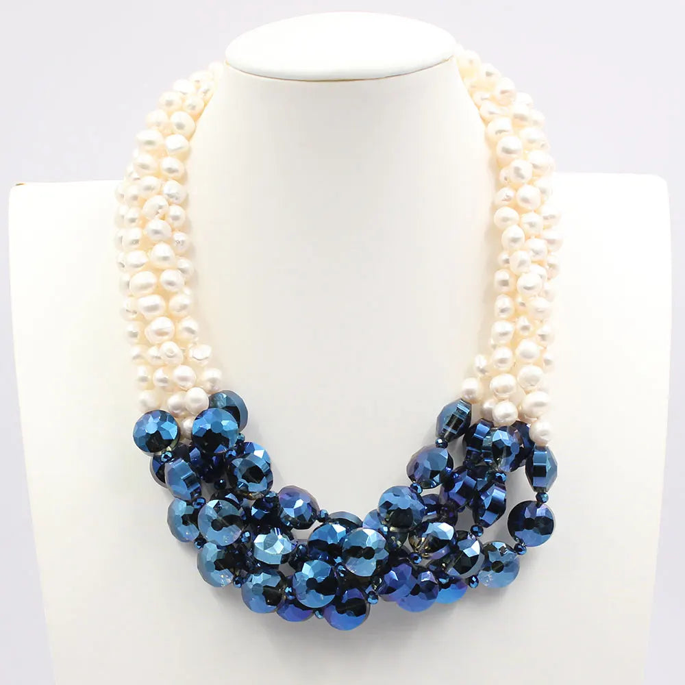 GuaiGuai Jewelry 5 Rows Natural White Keshi Potato Pearl Coin Blue Glass Crytal Necklace Handmade For Lady - KIMLUD