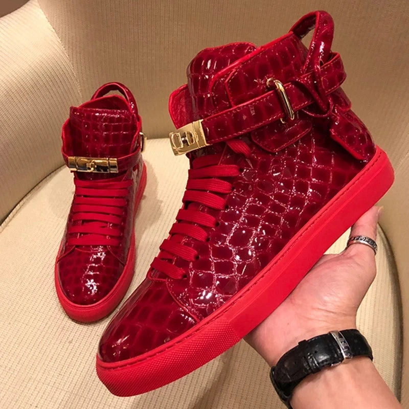 Men Embossed High Top Sneakers Lock Lace Red Metal Real Leather Designer Flat Men Platform Casual Shoes