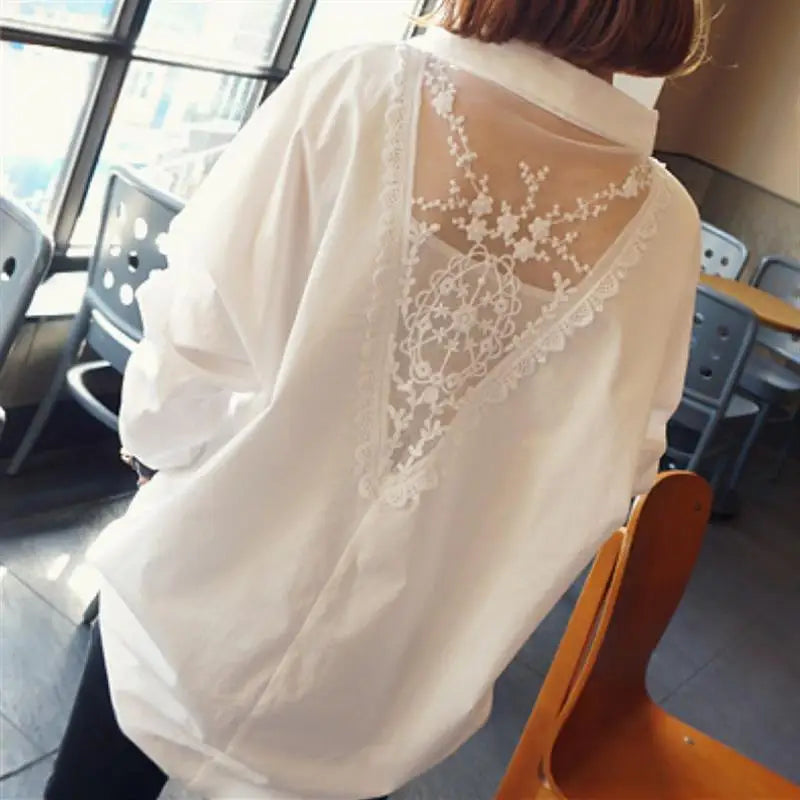 Blouse Women Shirt Women&#39;s Top Sexy Backless Lace Loose Large Size White Shirt Blusas Ropa De Mujer - KIMLUD