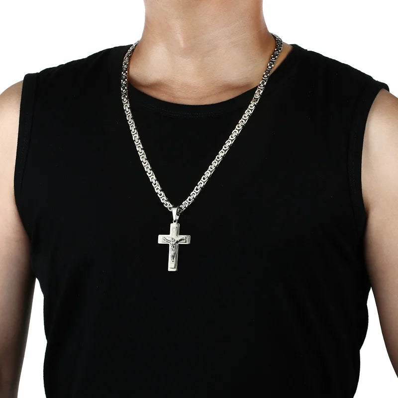 Religious Men Stainless Steel Crucifix Cross Pendant Necklace Heavy Byzantine Chain Necklaces Jesus Christ Holy Jewelry Gifts