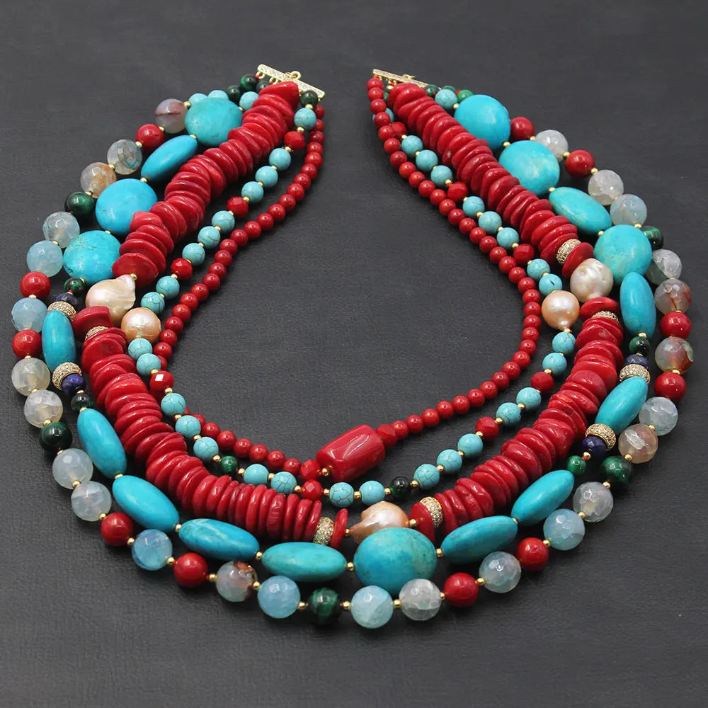 GG 5 Rows Freshwater Keshi Pearl Howlite Rondelle Tiger eye Red Coral Lapis Crystal Statement Necklace Handmade For Women - KIMLUD