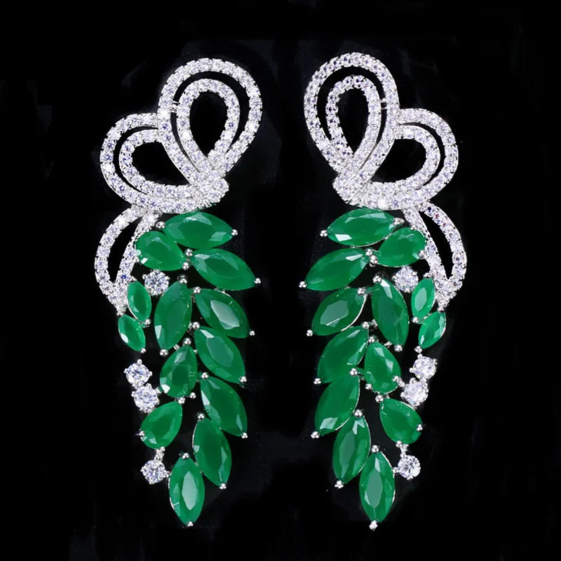 KIMLUD, Pera Fashion Silver Color Ear Jewelry Hanging Leaf Shape Green CZ Stone Long Symmetrical Drop Earrings for Women Party Gift E164, Lovely Green, KIMLUD APPAREL - Womens Clothes