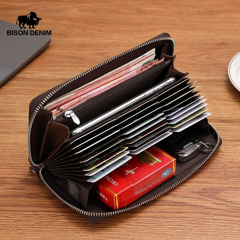 BISON DENIM Genuine leather Wallet Men Zipper Coin Pocket Long Purse Male Passport Cover RFID Blocking Card Holder Wallet - KIMLUD