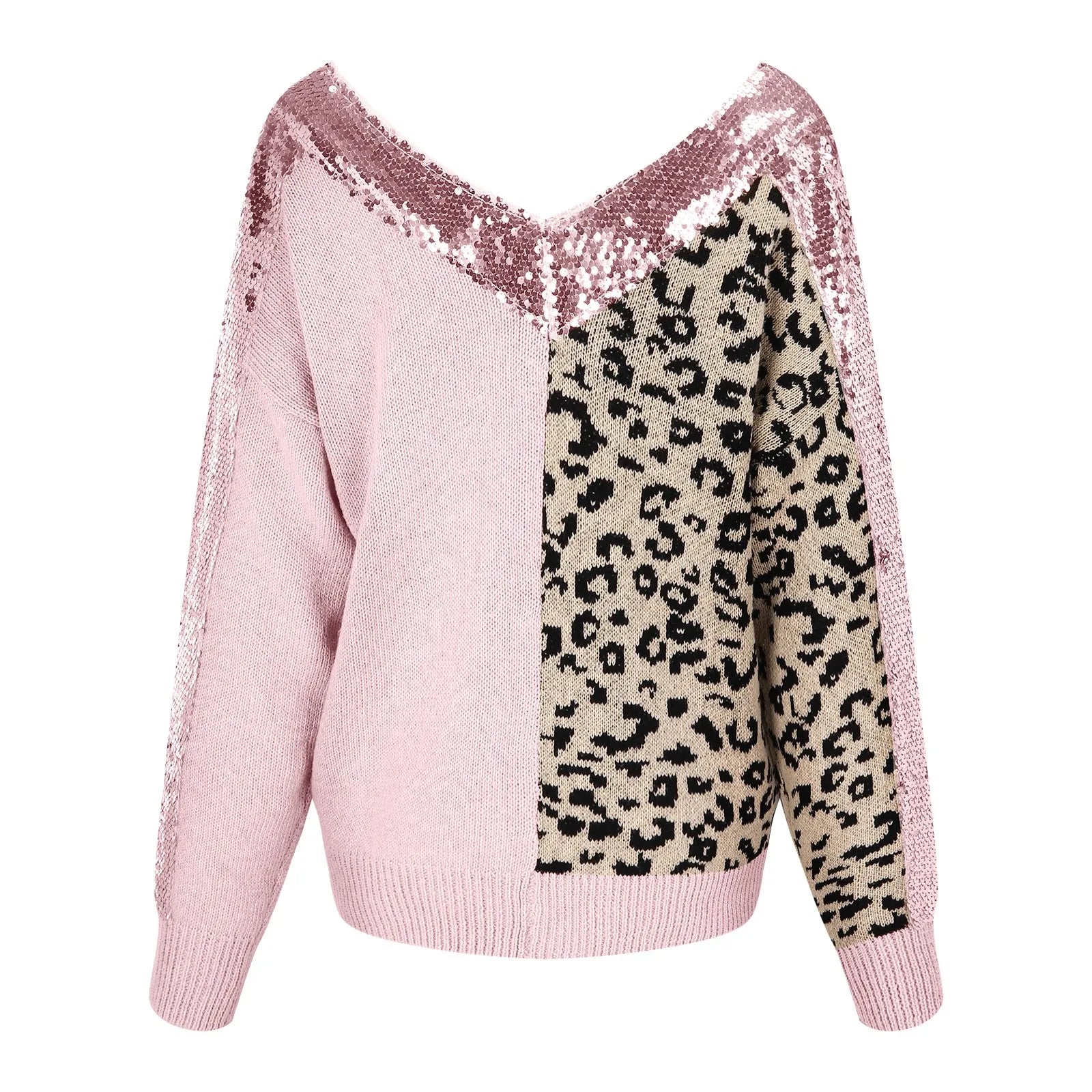 Women Sweater Stitching Leopard Print Sequin Blouse V Neck Temperament Pullover Long Sleeved Female Casual Elegant Pullover