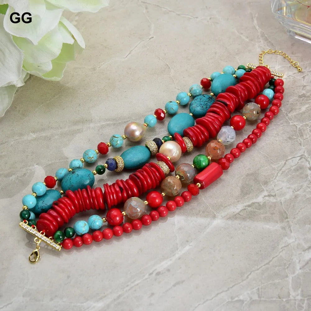 KIMLUD, GuaiGuai Jewelry 8" 5 Strands Natural Pearl Blue Turquoise Coral Gems Coral Stone Lapis Crystal Bracelet, KIMLUD Womens Clothes