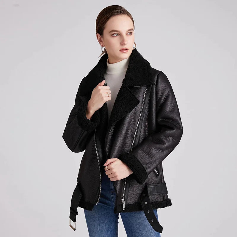 Women Leather Jacket 2021 Winter Faux Shearling Sheepskin Coat Female Thick Warm Suede Lambs Short Motorcycle Black Coats