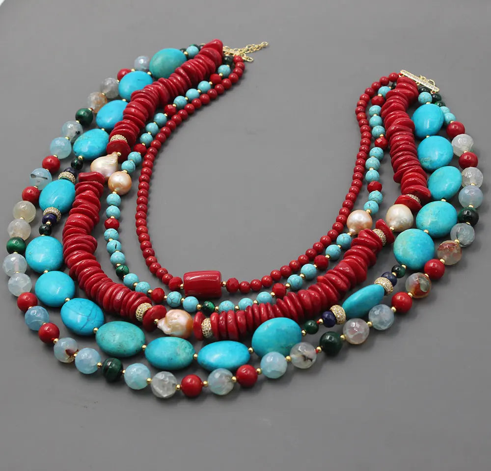 GG 5 Rows Freshwater Keshi Pearl Howlite Rondelle Tiger eye Red Coral Lapis Crystal Statement Necklace Handmade For Women - KIMLUD