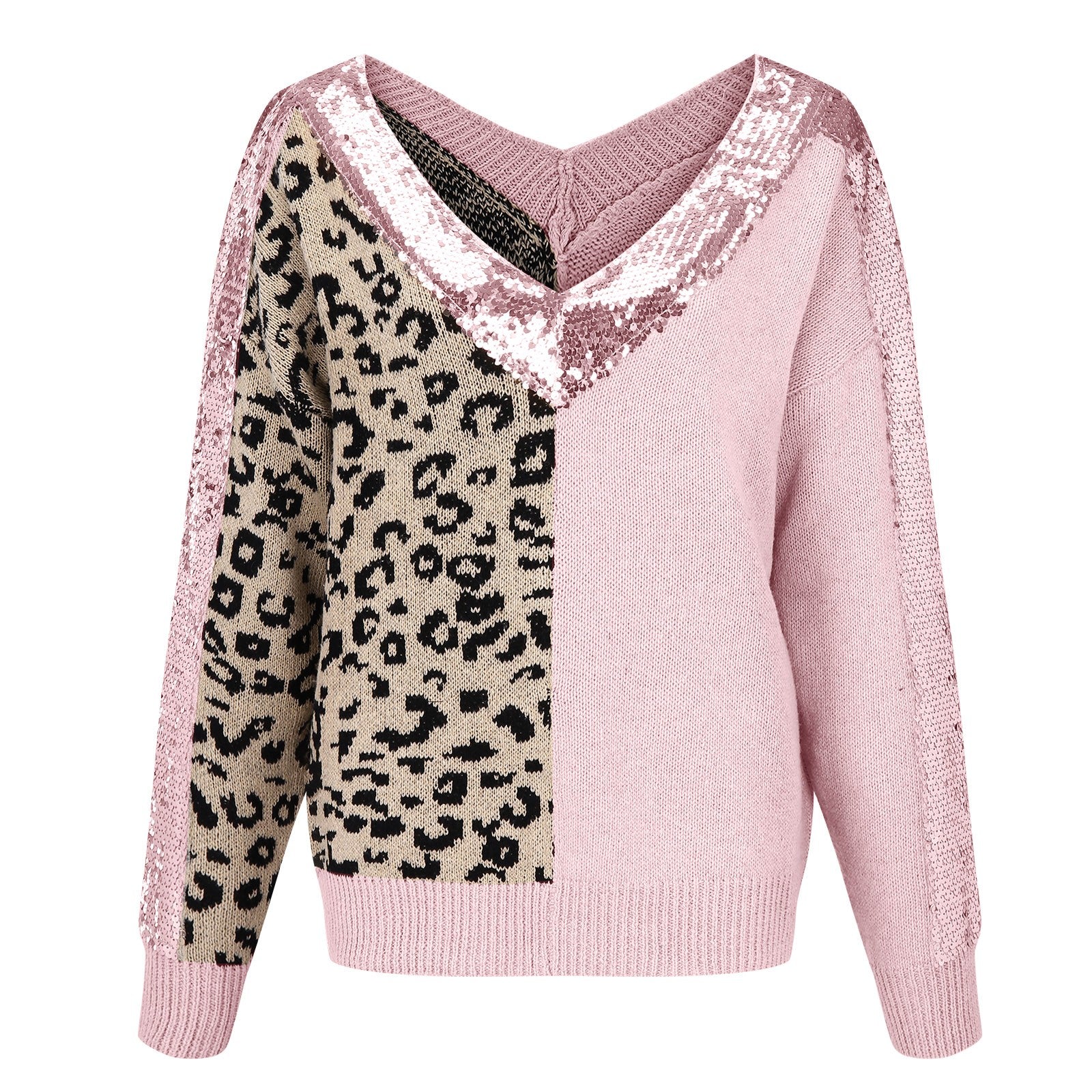 Women Sweater Stitching Leopard Print Sequin Blouse V Neck Temperament Pullover Long Sleeved Female Casual Elegant Pullover