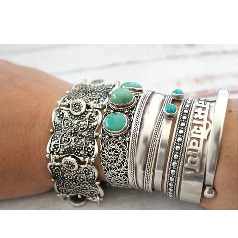 Gypsy Tribal Tibetan Bracelet for Women Boho Vintage Silvery Men's Turquoise Elastic Bangle Afghan Turkish Ethnic Indian Jewelry - KIMLUD