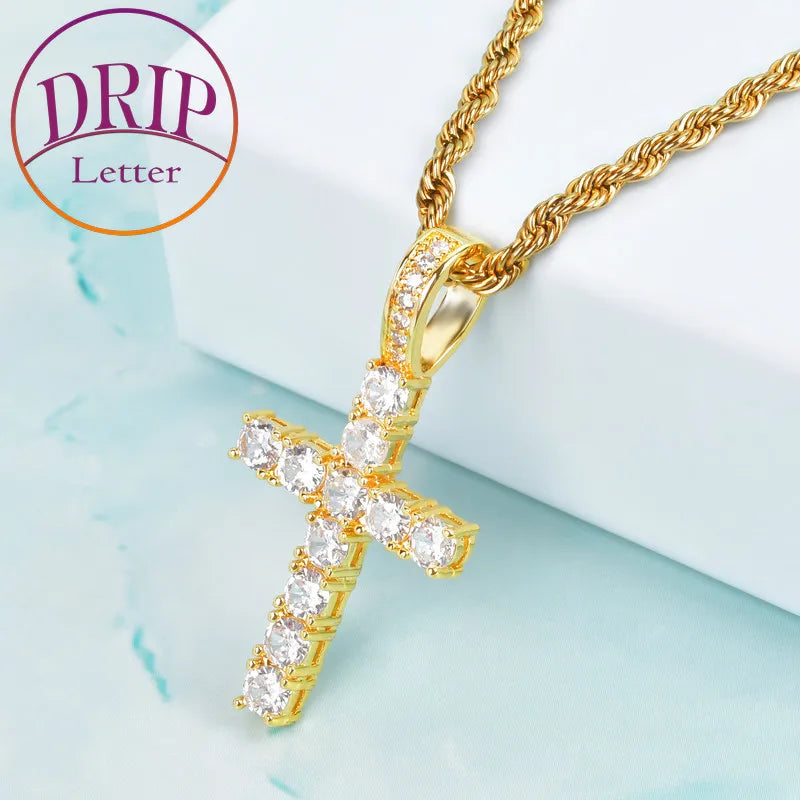 Gold Color Zircon Cross Pendant For Men Women Plated Hip Hop Rock Street Iced CZ Necklace Jewelry - KIMLUD