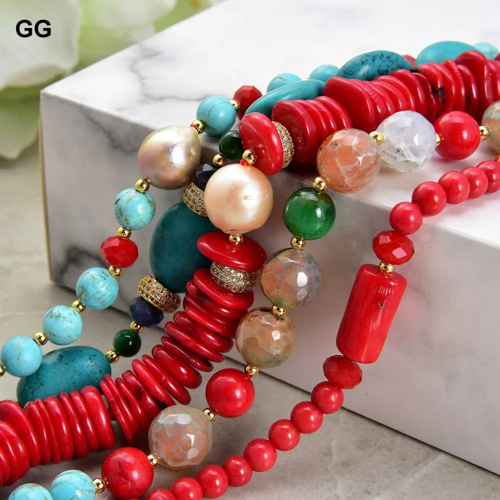 KIMLUD, GuaiGuai Jewelry 8" 5 Strands Natural Pearl Blue Turquoise Coral Gems Coral Stone Lapis Crystal Bracelet, KIMLUD Womens Clothes