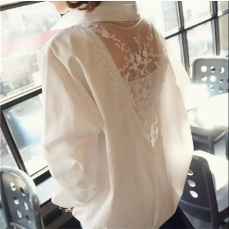 Blouse Women Shirt Women&#39;s Top Sexy Backless Lace Loose Large Size White Shirt Blusas Ropa De Mujer - KIMLUD