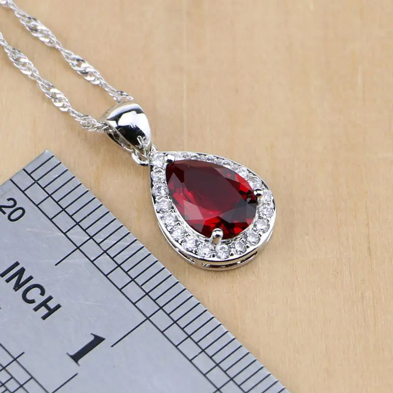 Water Drop Silver 925 Jewelry Red Ruby White Topaz Jewelry Sets Women Long Earrings/Pendant/Necklace/Rings/Bracelet Dropshipping - KIMLUD