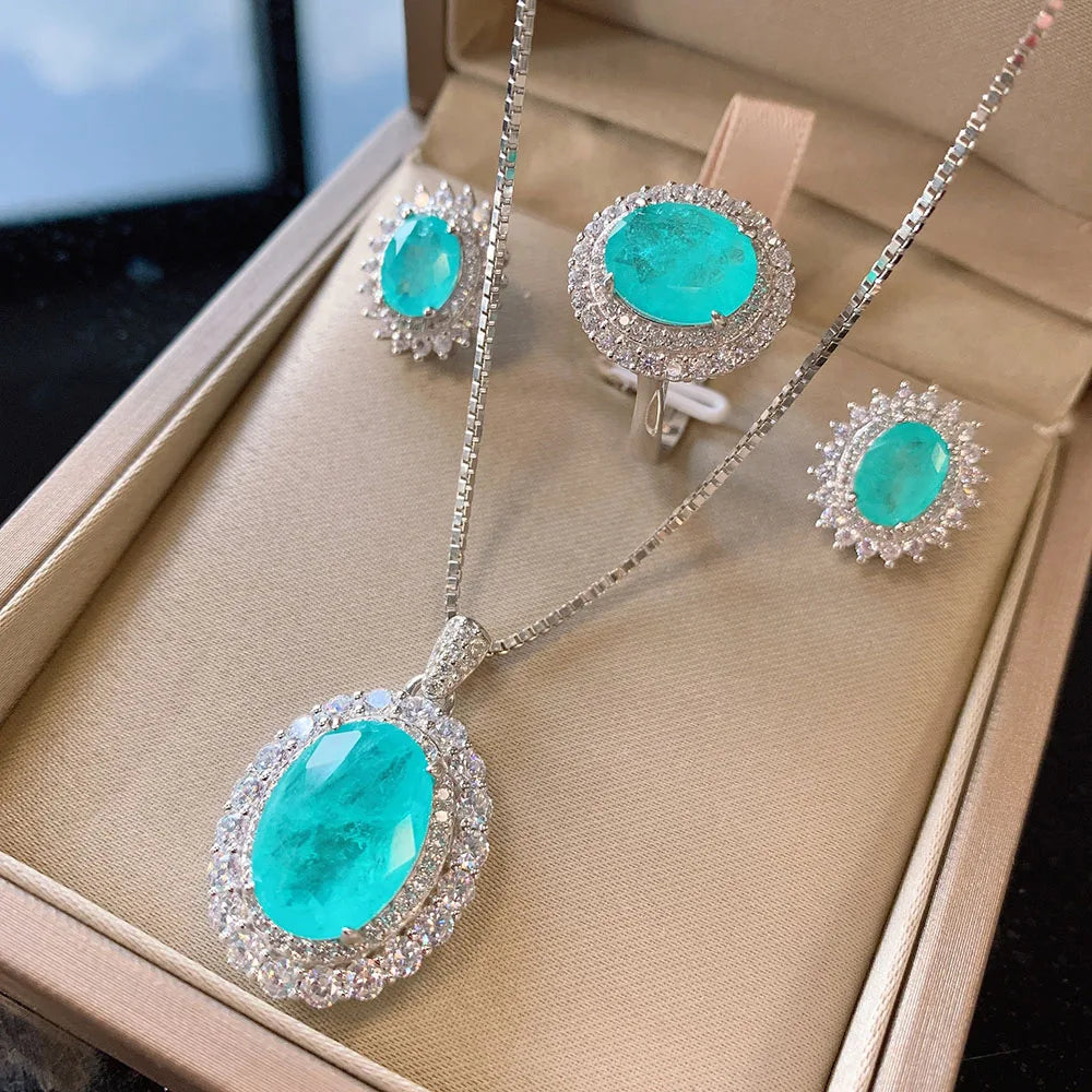 KIMLUD, Vintage 100% Solid 925 Sterling Silver Paraiba Tourmaline Gesmtone Pendant/Necklace/Earrings/Ring Fine Jewelry Set for Women, KIMLUD Womens Clothes