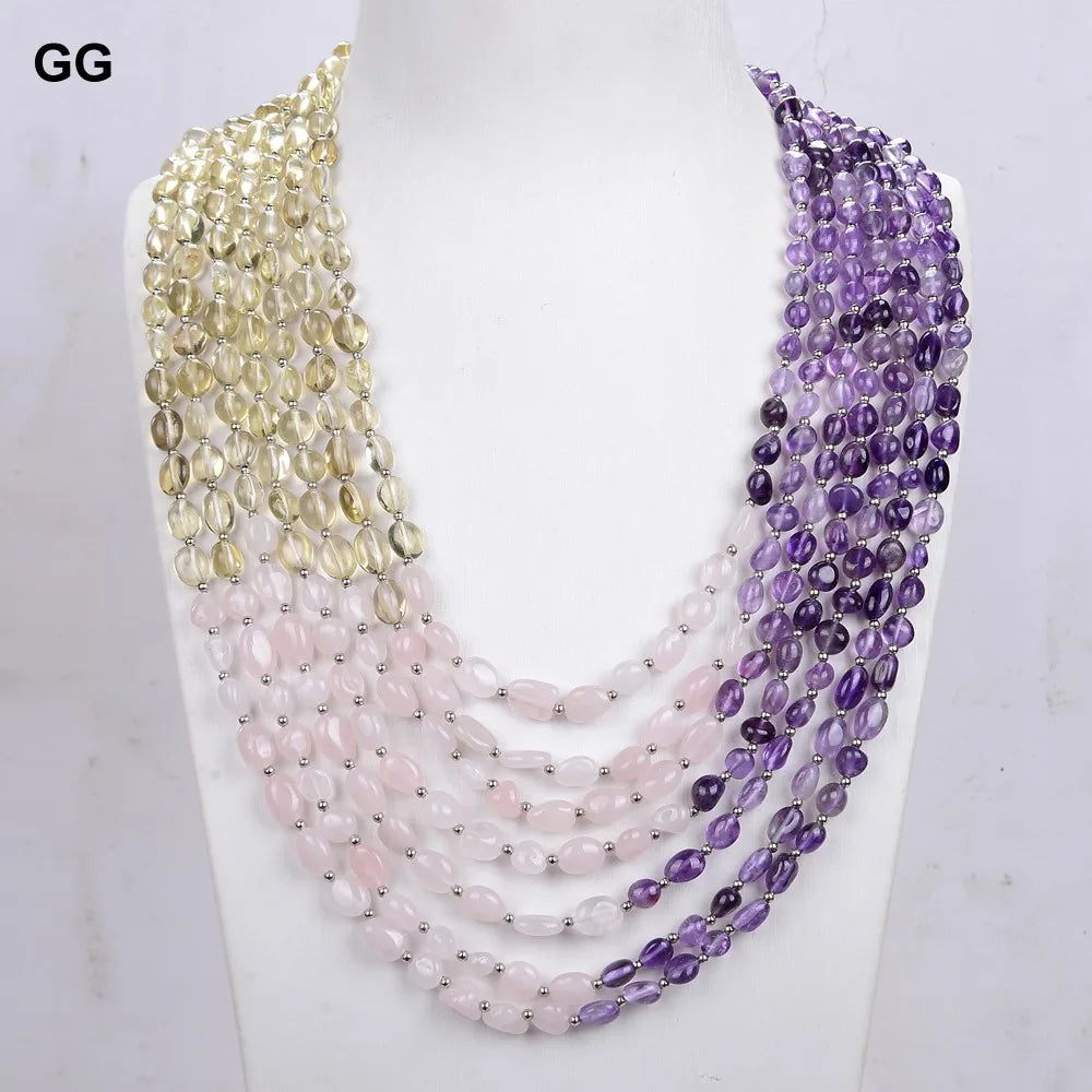 GuaiGuai Jewelry Unique Real Natural 7 Strands Amethyst Rose Quartz Lemon Quartz Freeform Necklace 18" - KIMLUD