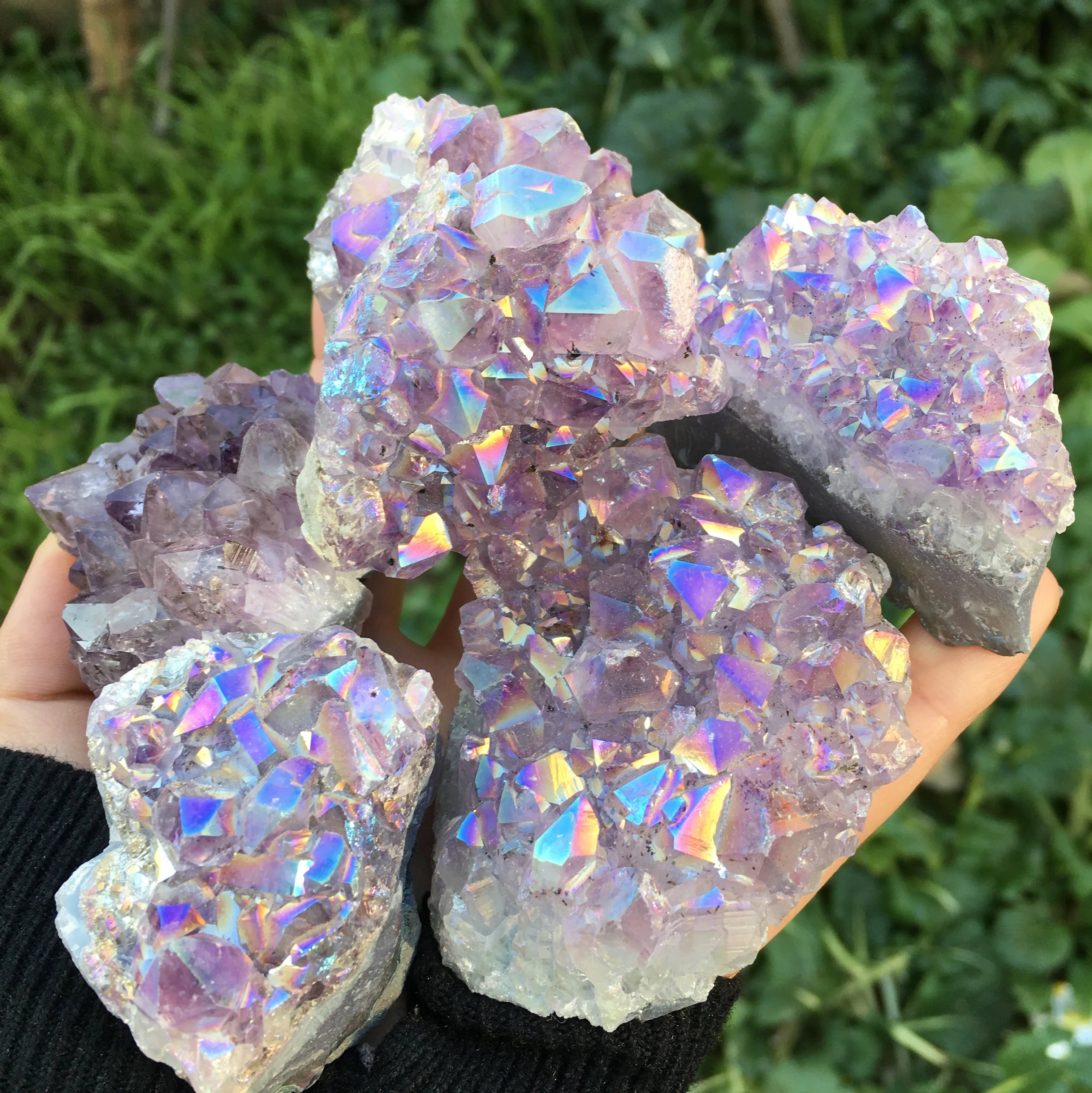 lovely rainbow angel aura crazy amethyst clusters natural quartz crystal rough lealing stone for children gifts