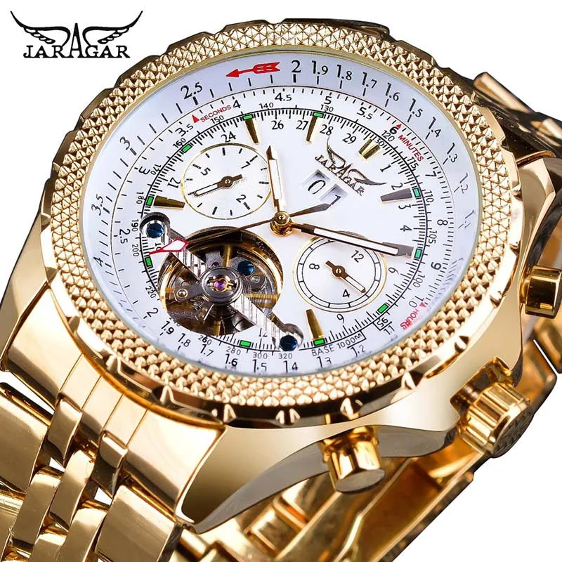 Jaragar 2017 Flying Series Golden Bezel Scale Dial Design Stainless Steel Mens Watch Top Brand Luxury Automatic Mechanical Watch