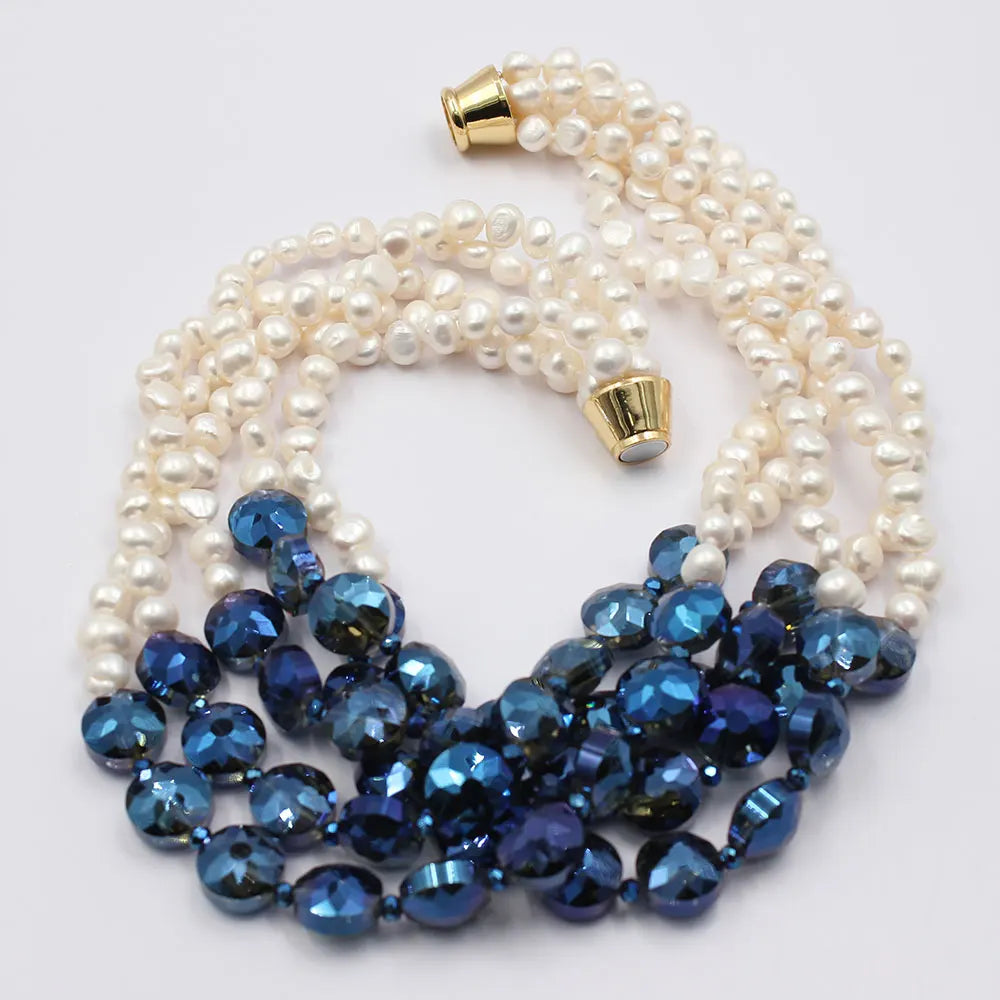 GuaiGuai Jewelry 5 Rows Natural White Keshi Potato Pearl Coin Blue Glass Crytal Necklace Handmade For Lady - KIMLUD