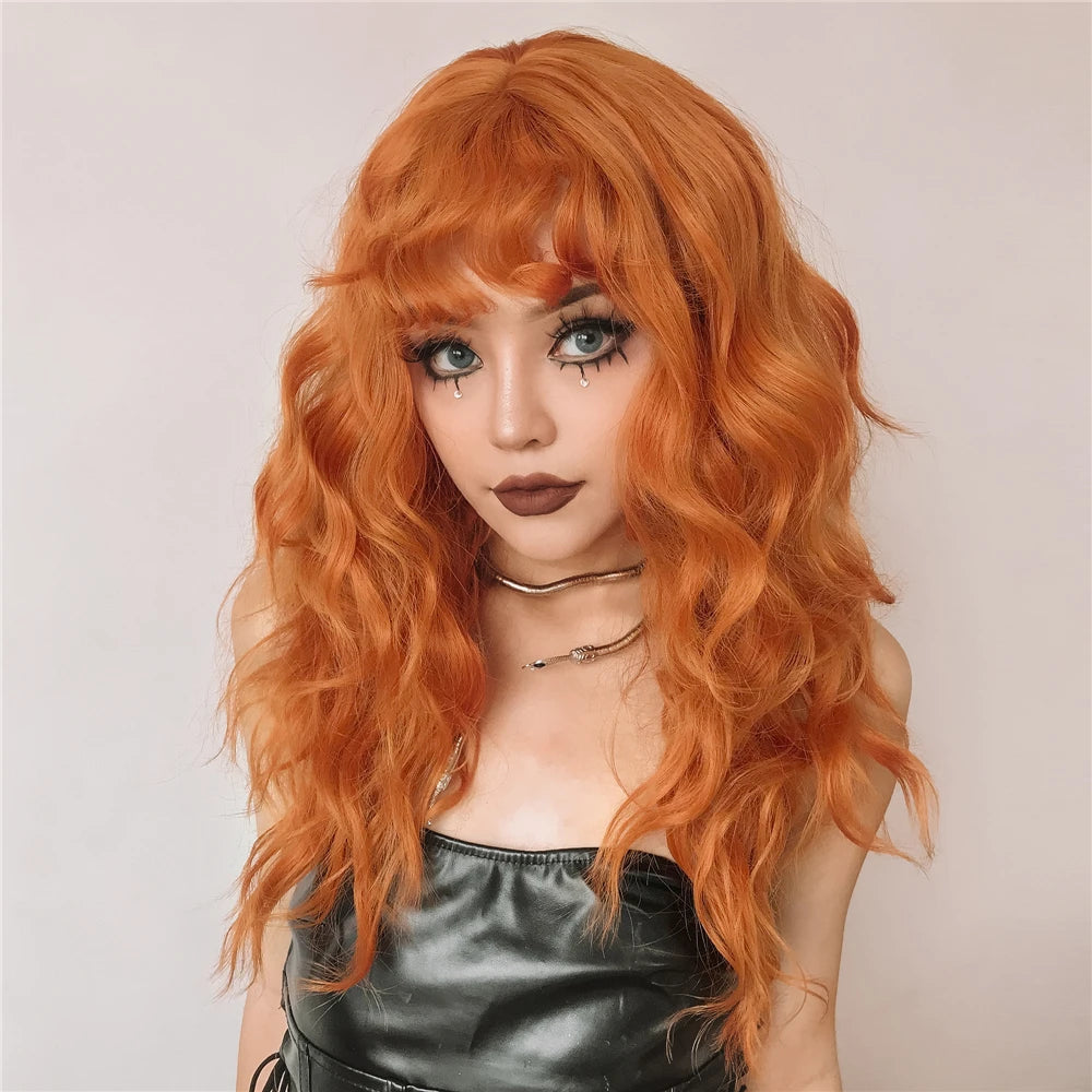 Cosplay Ginger Orange Long Curly Synthetic Wigs with Bangs Deep Wave Lolita Hair for Women Halloween Party Daily Heat Resistant