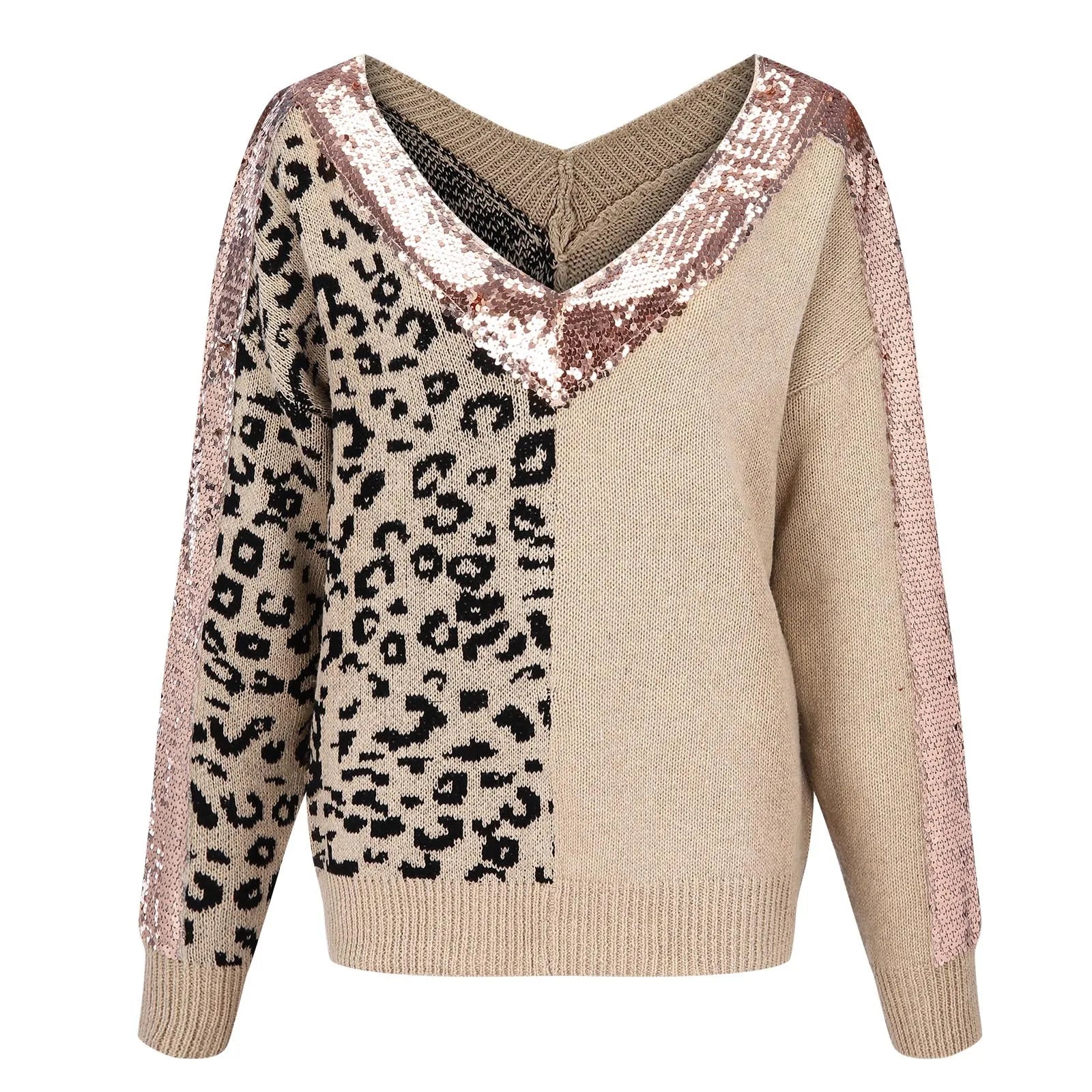 Women Sweater Stitching Leopard Print Sequin Blouse V Neck Temperament Pullover Long Sleeved Female Casual Elegant Pullover