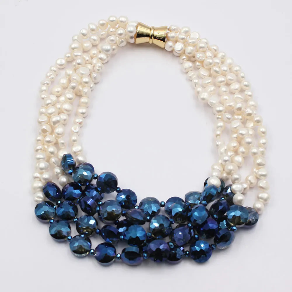 GuaiGuai Jewelry 5 Rows Natural White Keshi Potato Pearl Coin Blue Glass Crytal Necklace Handmade For Lady - KIMLUD