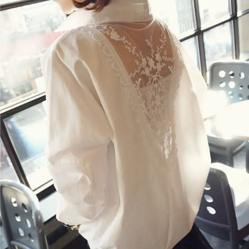 Blouse Women Shirt Women&#39;s Top Sexy Backless Lace Loose Large Size White Shirt Blusas Ropa De Mujer - KIMLUD