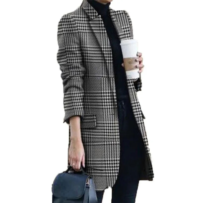 Spring Autumn Hot Sale 12 Color S-5xl Size Check Coat Fashion Print Mock Neck Coat Top Street Trend Single Casual Girl Suit Coat