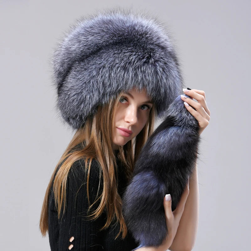 Natural Fox Fur Russian Hat Ushanka Women Winter Warm Fluffy Popular Style Female Tail Cap Fashion Real Fur Hats