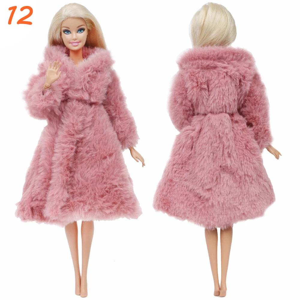 KIMLUD, Multicolor 2 Pcs/Set Long Sleeve Soft Fur Plush Coat Dress + High Heel Winter Wear Accessories for Barbie Doll Clothes Kids Toy, 12, KIMLUD APPAREL - Womens Clothes