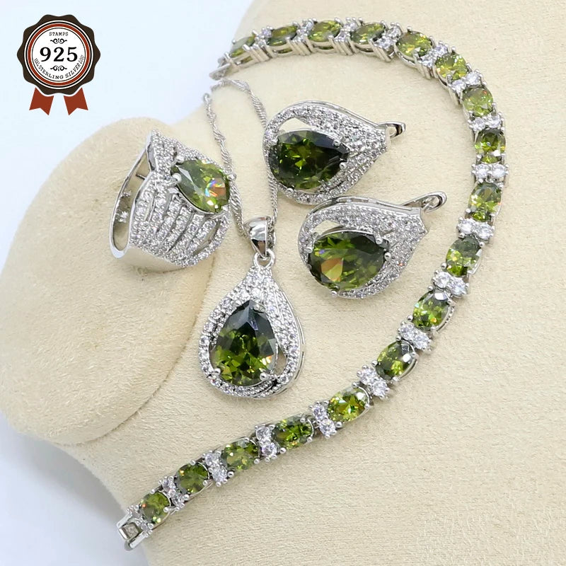 New Green Peridot Zircon Silver 925 Jewelry Set Women Bracelet Earrings Necklace Pendant Ring Birthday Gift - KIMLUD