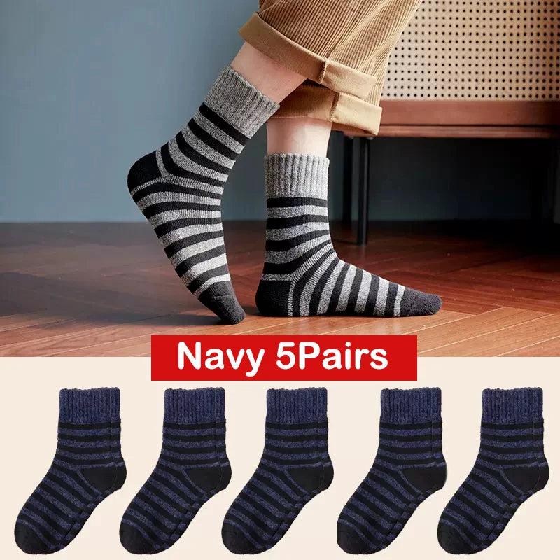 5pair Winter Thick Socks Men Super Thicker Solid Sock Striped Merino Wool Rabbit Socks Against Cold Snow Russia Winter Warm Sock - KIMLUD