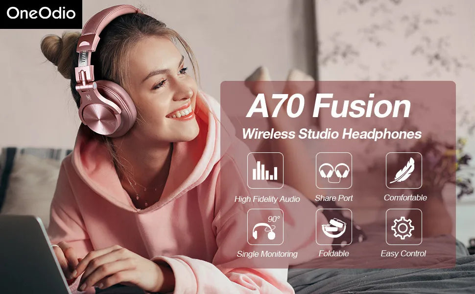 Oneodio A70 Wireless Headphones Sport Bluetooth 5.2 Earphone Over Ear Handsfree Headset With Microphone For Phone Rose Gold